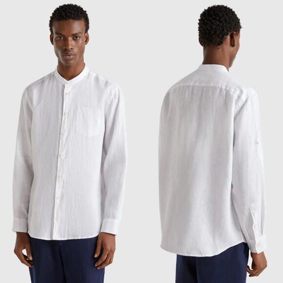 United Colors of Benetton Men's Linen Shirt Mandarin Collar White Size Medium